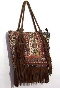 Banjara-Sac fourre-tout vintage style Hobo indien avec miroir à main brodé en toile coton Hippie pour femmes, sac à main avec poignée en cuir - Product Image 2
