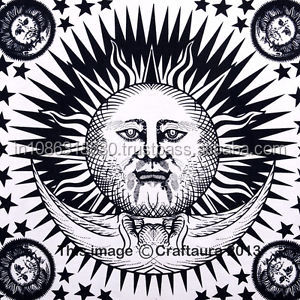 Sun Moon Wall Hanging Tapestries Bohemian Psychedelic Indian Hippie Tapestry <b>Bedspread</b> Ethnic Decorative <b>White</b> & Black Mandala - Product Image 2