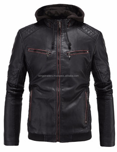 Ailes commerçants hommes hiver mode veste en cuir véritable noir à capuche fermeture éclair crochet respirant grande taille brodé Style - Product Image 1