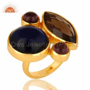Pemasok cincin mode cincin emas korundum, Hydro Amethyst dan batu permata kuarsa berasap kuningan berlapis batu biru GIA trendi