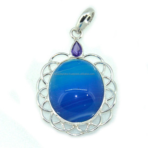 Blue Banded Agate Gemstone Fancy Pendant, Handmade Silver Beautiful Nice Pendant X5674 - Product Image 1
