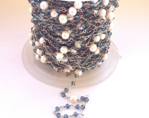 สายลูกปัดไคยาไนต์3-3.5มม. งานแฮนด์เมดโซ่ร้อยลูกประคำไข่มุกชุบทอง18K ค้นพบเครื่องประดับหินเหลี่ยมเพชรพลอยตัดงานฝีมือ - Product Image 1