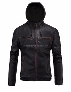 Ailes commerçants hommes hiver mode veste en cuir véritable noir à capuche fermeture éclair crochet respirant grande taille brodé Style - Product Image 2