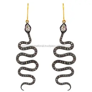 925 Sterling Silver and 14K Gold Rose Cut Diamond Animal Snake Hook Dangle Earrings