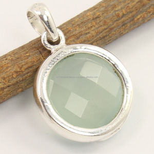 Pendentif élégant en calcédoine aqua naturelle, pierre précieuse ronde à facettes de 17*17 mm, argent sterling 925, boucles d'oreilles fines, cadeau pour elle - Product Image 2
