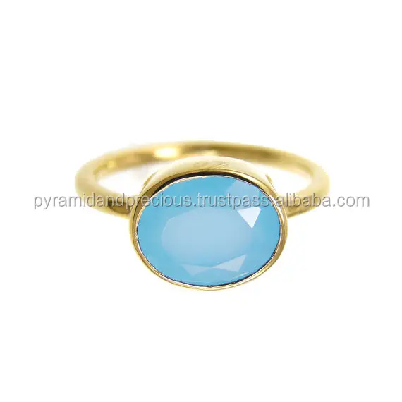 Peru Chalcedony Oval Gemstone Ring - Gold Plated Sterling Silver Gemstone Rings