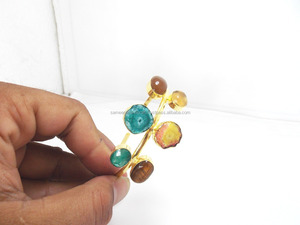 Multi <strong>Stone</strong> Gemstone With Gold Plated Handmade Vintage Design Natural Shape Adjustable Fashionable Gift for Her <strong>Bracelet</strong> Bangle