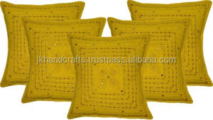 Housse de coussin brodé et miroir en coton indien fait à la main pour ameublement décoratif housses de coussin jaune lourd - Product Image 2