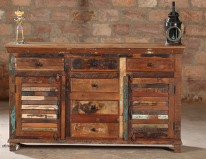 Buffet compact en bois rustique récupéré avec porte à volets et 2 tiroirs, meuble de salon pliable avec 6 tiroirs - Product Image 1