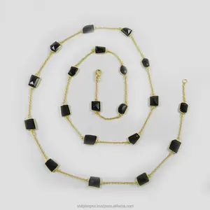 Black onyx gemstone 18k gold plated long chain necklace