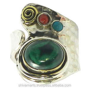 Éminent véritable bleu cuivre Turquoise corail multi-pierres précieuses éternité Vermeil bague bijoux en argent marteau anneaux pour cadeau de mariage - Product Image 2