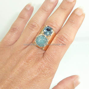 Bague en argent sterling réglable à large bande bohème avec pavé de pierres, cristal fantôme bleu-vert, pierre précieuse double, minéral - Product Image 2