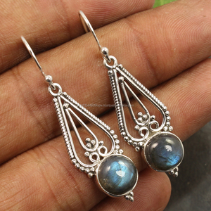 Precio al por mayor, conjunto de bisel, bonitos pendientes colgantes de piedras preciosas de labradorita azul Natural de corte redondo, Plata de Ley sólida 925 pura - Product Image 1