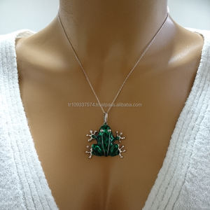 14K oro sólido verde esmalte Rana colgante collar Animal collar joyería fina para mujeres hecho en Turquía - Product Image 2