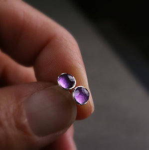 Genuine Amethyst Stone Purple Stud <b>Earrings</b> Gold and Rhodium Plated Bezel Setting <b>Piercing</b> for Parties and Gifts - Product Image 3
