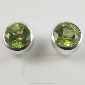 Handmade Cute Gold Plated Genuine Peridot Round Faceted Gemstone Stud <b>Post</b> <b>Earrings</b> 925 Sterling Silver - Product Image 1