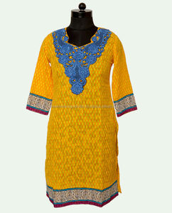 Traje superior étnico de algodón para mujer/Salwar Yellow Kurtis Diseño de bordado con estampado digital Ropa formal/informal para Adts All Seasons - Product Image 1