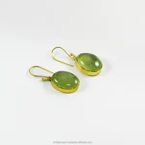 Trendy collection natural prehnite gemstone earring gold plated drop earring statement earring