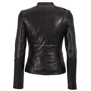 Chaqueta de manga larga de cuero genuino de motorista con estilo para mujer en negro Equipo de moda para exteriores para damas de talla grande - Product Image 3