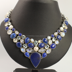 Collar Clásico de Plata de Ley 925 para Compromiso, Boda o Fiesta, con Lapislázuli Natural y Cadena de Eslabones con Piedras Multicolores - Product Image 2