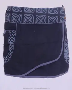 Mini saia gypsy com bolsos laterais, saia boêmia envoltória para o lado slate escuro azul de malha primavera verão outono 100% algodão