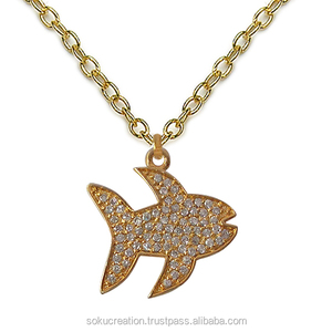 SOKU #1532 diseñador artesanal hecho a mano Vermeil chapado en oro latón pez colgante collar número único CZ piedra cadenas de moda - Product Image 1