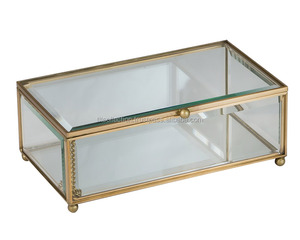<b>Rectangular</b> Brass Plated Glass Jewelry Box With Lid Elegant Storage Case - Product Image 1