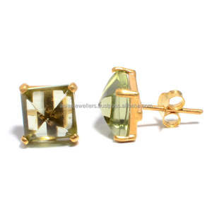 925 Sterling Silver Green <b>Amethyst</b> Gemstone <b>Stud</b> <b>Earrings</b> Gold Vermeil Designer for Engagement Wedding Anniversary Party - Product Image 1