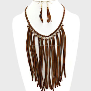Handmade Magic Tassel Fringe Faux Suede Bib Collar Choker Necklace Earrings Leather Necklace - Product Image 1
