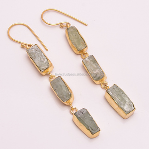 ต่างหูพลอย Kyanite สีเขียวดิบ,เครื่องประดับทองเหลืองชุบทอง Vermeil เครื่องประดับฝรั่งเศส - Product Image 1