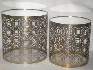 Handcrafted <b>Round</b> Metal Nesting <b>Side</b> <b>Tables</b> with Geometric Openwork Design <b>Gold</b> Finish Modern Living Room Home Furniture Decor - Product Image 2