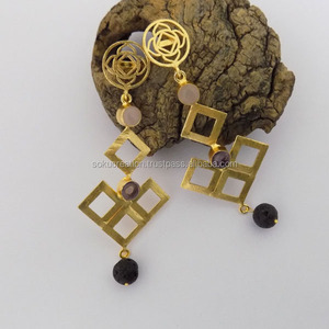 Boucles d'oreilles en laiton Chakra Multi Gemstone Classic Gold-Plated Vermeil Long Fashion Jewelry for Weddings and Parties - Product Image 2