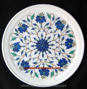 Plaque de conception de fleur d'incrustation de marbre blanc faite à la main avec la forme arrondie par le concepteur indien pour les cadeaux d'entreprise et la décoration à la maison - Product Image 1