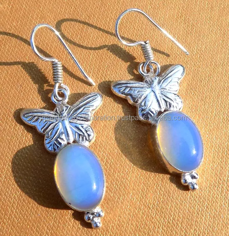 Unique Stylish Earring Opalite Water Drop Gems Earring Vintage Jewelry Butter Fly Design 925 Silver Bezel Set Earrings