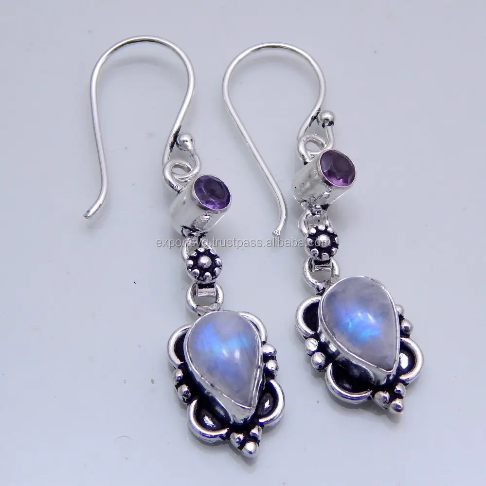 Cute Rainbow Moonstone Natural Gemstone 925 Sterling Silver Classy Jewellery,Silver Earring