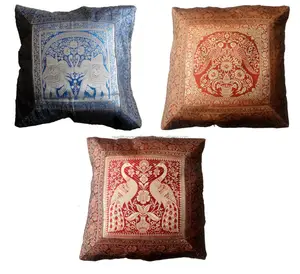 印度传统民族大象绣花丝锈抛垫抱枕盖巴纳拉西锦缎作品批发