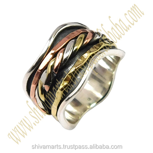 Two Tone 925 Sterling <b>Silver</b> Brass Copper Spinner <b>Ring</b> 925 Solid Handmade <b>Silver</b> <b>Eternity</b> Vermeil <b>Rings</b> Jewelry - Product Image 2