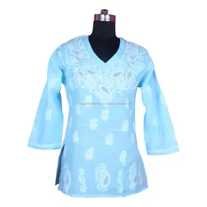 DR162 algodón indio pollo bordado algodón Kurti mujeres diseñador pollo bordado túnica camisa algodón Chikankari camisa