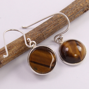 Bezel Set <b>Dangle</b> <b>Earring</b> Natural TIGER EYE 13*13mm Round Brilliant Cut Cabochon Gemstone 925 <b>Sterling</b> <b>Silver</b> Jewelry <b>Earring</b> - Product Image 2
