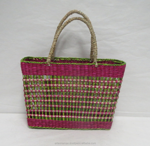 กระเป๋าโท้ทสไตล์วินเทจจากหญ้าทะเลธรรมชาติสำหรับผู้หญิงเปิดปิดมีซิปสายรัดสองเส้นสำหรับใส่หมอนลายกล่องผ้าแคนวาสคอตตอนสำหรับเดินทาง - Product Image 3