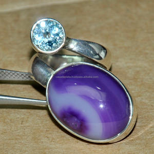 Agate à bandes violettes et topaze bleue Bague en argent sterling 925 Bijoux à la mode pour l'anniversaire de mariage de la fête des femmes - Product Image 1