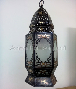 จี้ B221ทรงหกเหลี่ยมขนาดใหญ่แบบดั้งเดิมสไตล์โมร็อกโกโคมไฟระย้าทองเหลืองทองแดงเหล็กสีขาวฝ้าโคมไฟระย้า - Product Image 3