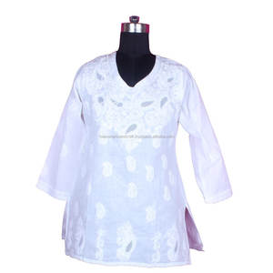 DR161 Chicken Work Kurti para mujer algodón Chikankari camisa túnica mujer desgaste bordado casual fiesta desgaste Top blusa lucknowi - Product Image 1