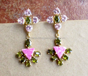 Olive Green <b>Crystals</b> Pink Druzy Stud <b>Earrings</b> Delicate Trendy Bridesmaids Bridal Wedding Party Engagement Anniversary Gift Main - Product Image 3