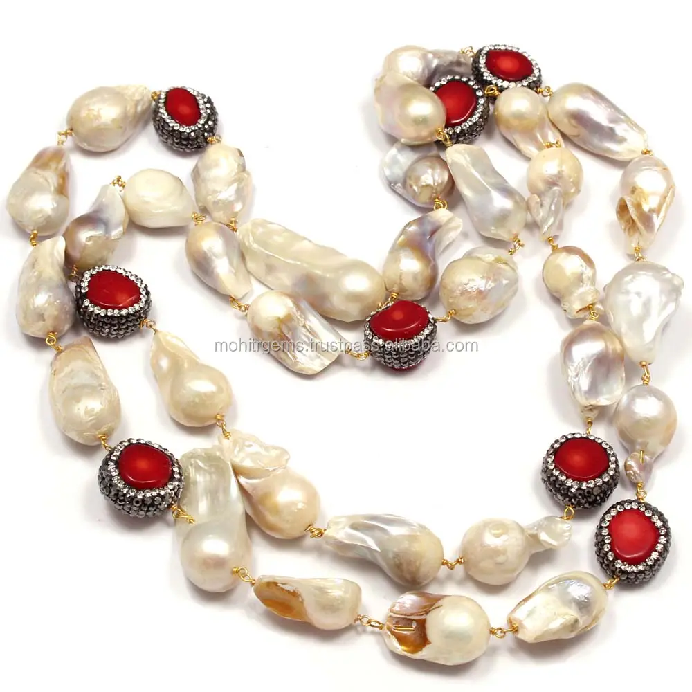 36" Inch Long Coral With Blister Oyster Pearl Endless Long Beaded Jewelry Necklace