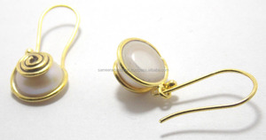 Handmade Gold Plated Brass Drop Earring Natural Pearl Gemstone 10mm Shape Wire Wrapped Fancy Diamond Ethnic Women's Wedding - Product Image 2