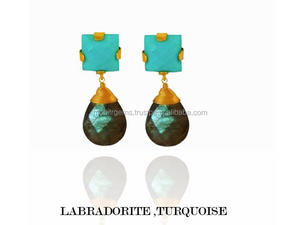 Boucles d'oreilles en alliage de laiton pour femmes Labradorite Drop Turquoise Square Bezel Setting pour les mariages Anniversaires Fiançailles Parties - Product Image 1