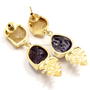 ต่างหูแบบห่วงด้านบนทำจากหินทองและทองเหลือง2ชิ้นที่ไม่เหมือนใครแกนไดมอนด์สำหรับงานแต่งงานหรือของขวัญ - Product Image 3