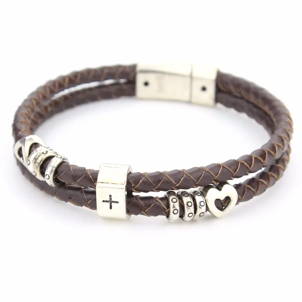 Europe Stock Brown Braided Leather Bracelet, handmade cross Men Bracelet,Men's Jewelry H-024