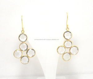 Regalo DE BODA vintage Piedra preciosa de cristal transparente con chapado en oro de 18 quilates Nuevo diseño Forma redonda Piedra de corte facetado Pendientes de aro hechos a mano - Product Image 3